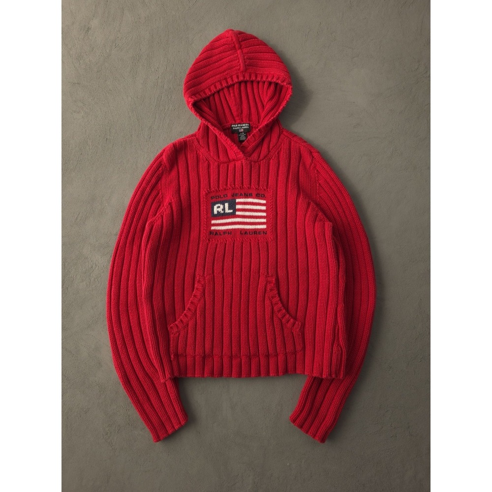 Vintage 90s Y2K Polo Ralph Lauren Jeans Co. Red‎ Cotton Knit Sweater Hooded L